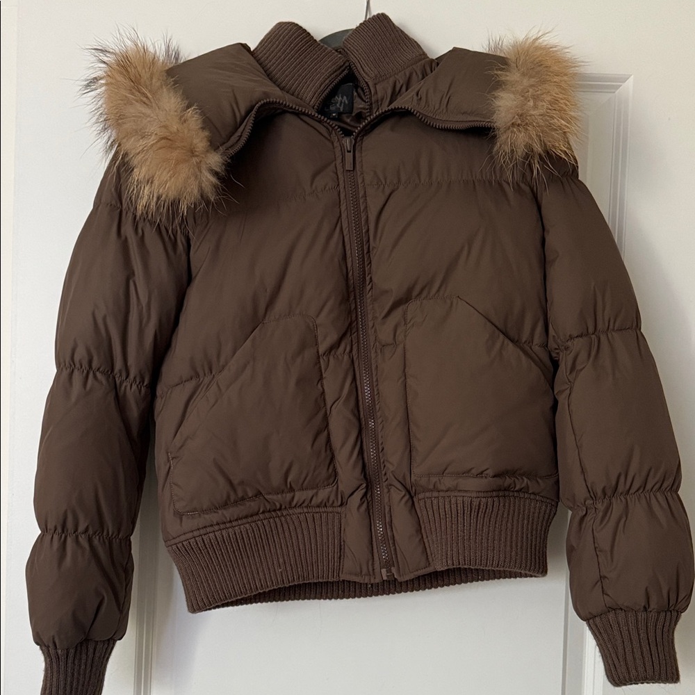BCBGMaxAzria Kids Brown Puffer Jacket with Faux Fur Trim